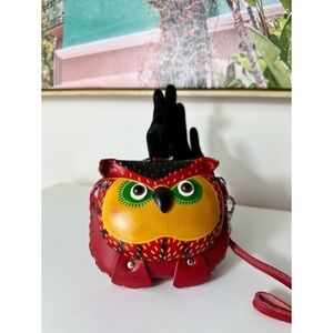 Aloha Hawaii Genuine Leather Red Yellow Shaped Owl Change Coin Purse Wristlet